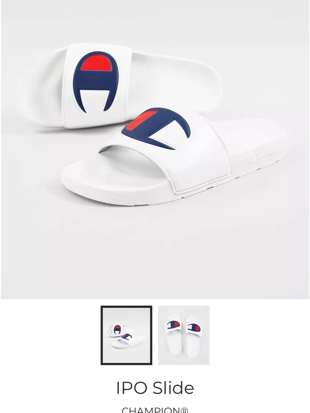 Champion White Slides with Navy & Red Logo Accent